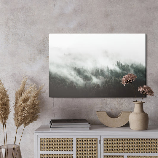 Obraz Na Płótnie Moody Forest Landscape With Fog And Mist