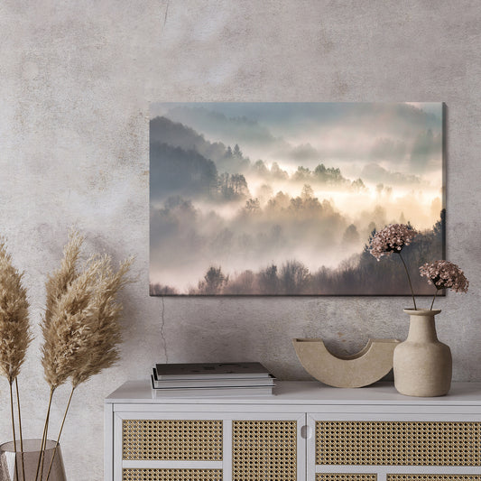 Obraz Na Płótnie Mgła W Lesie Z Promieniami Słońca Krajobraz Lasu