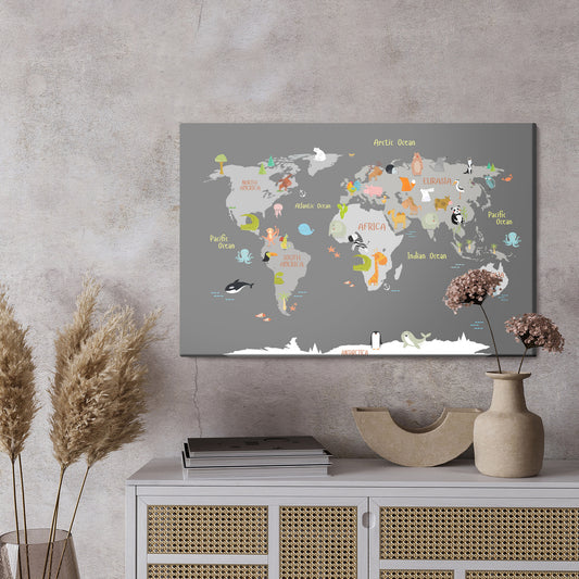 Obraz Na Płótnie Mapa Świata Ze Zwierzątkami