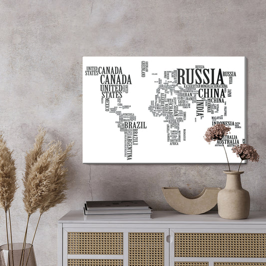 Obraz Na Płótnie Mapa Świata Z Czarnych Napisów