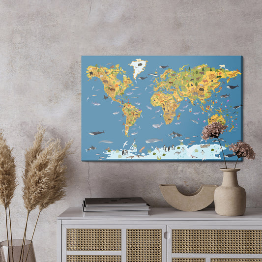 Obraz Na Płótnie Mapa Świata Ze Zwierzętami Dla Dzieci