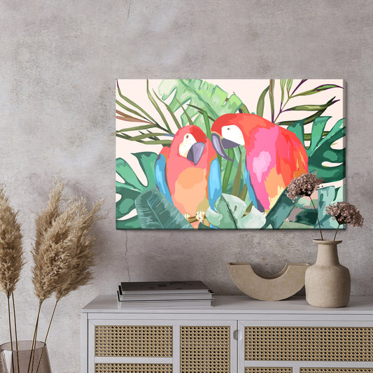 Obraz Na Płótnie Papugi I Liście Tropikalne