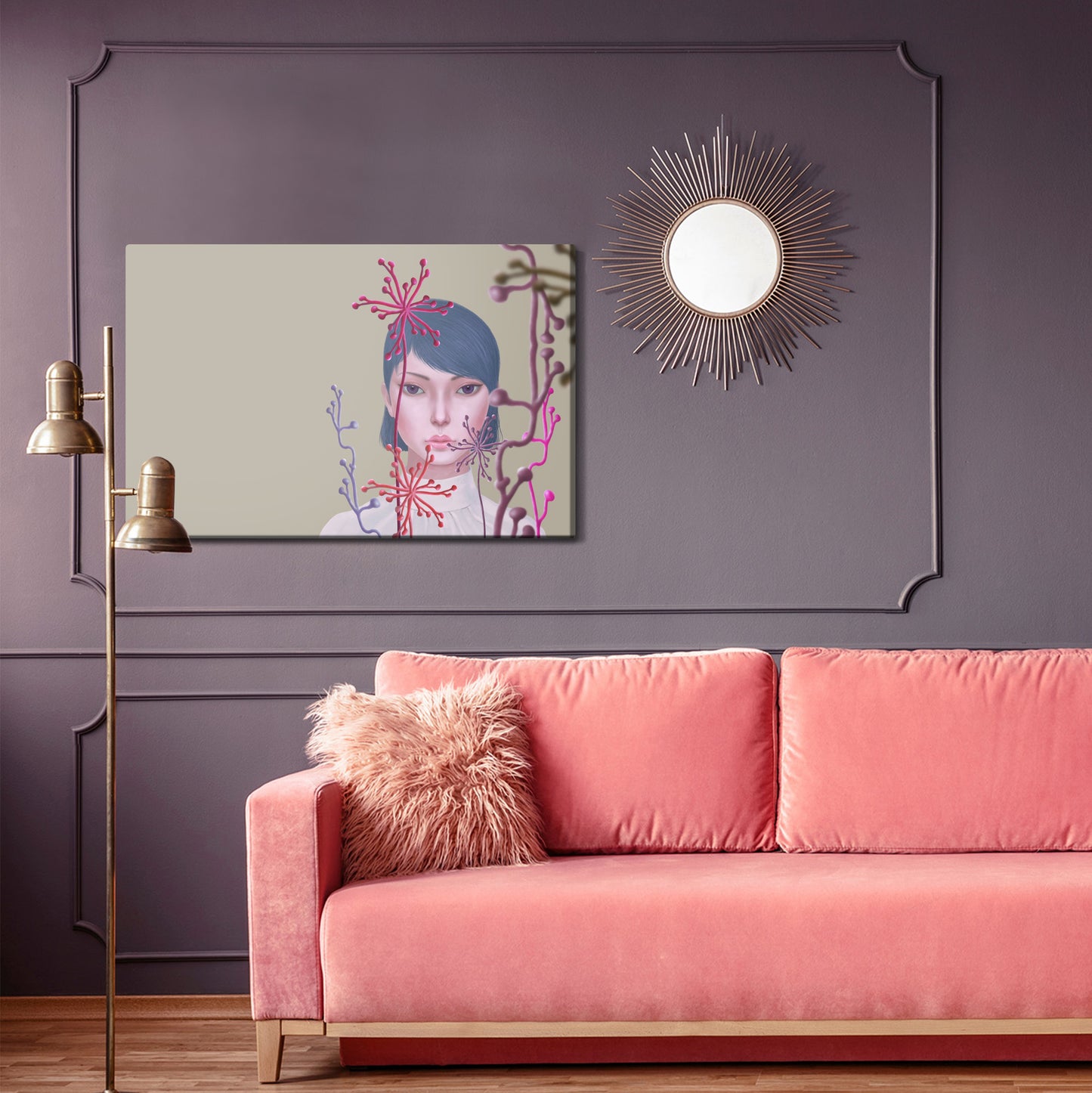 Obraz Na Płótnie Woman And Flower . Concept Idea Art Of Surreal Garden, Mystery And Dream. Conceptual 3D . Human And Nature. Portrait Painting. Girl Face