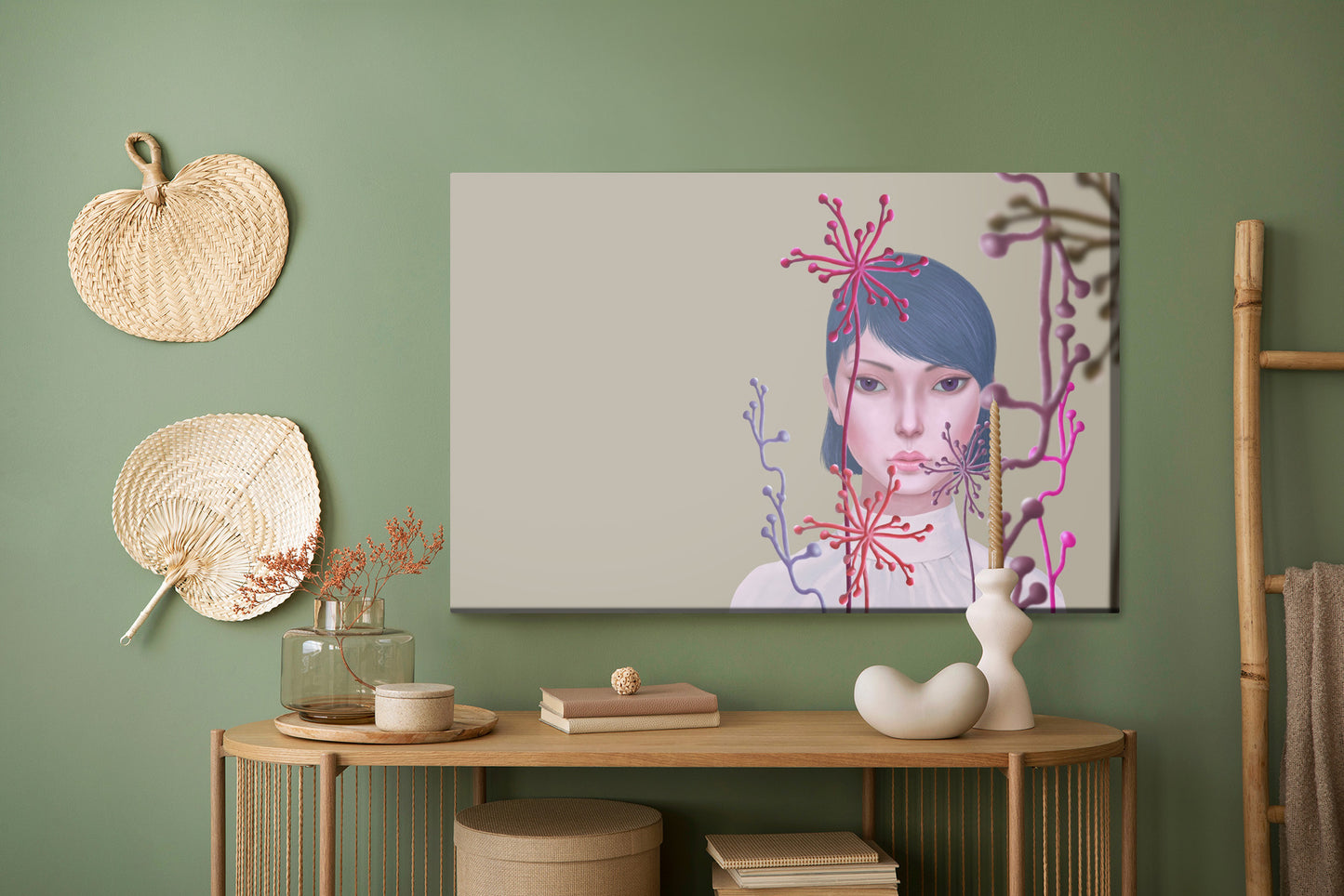 Obraz Na Płótnie Woman And Flower . Concept Idea Art Of Surreal Garden, Mystery And Dream. Conceptual 3D . Human And Nature. Portrait Painting. Girl Face
