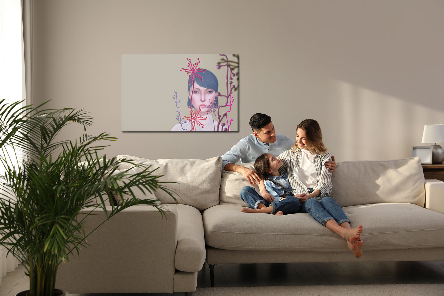 Obraz Na Płótnie Woman And Flower . Concept Idea Art Of Surreal Garden, Mystery And Dream. Conceptual 3D . Human And Nature. Portrait Painting. Girl Face