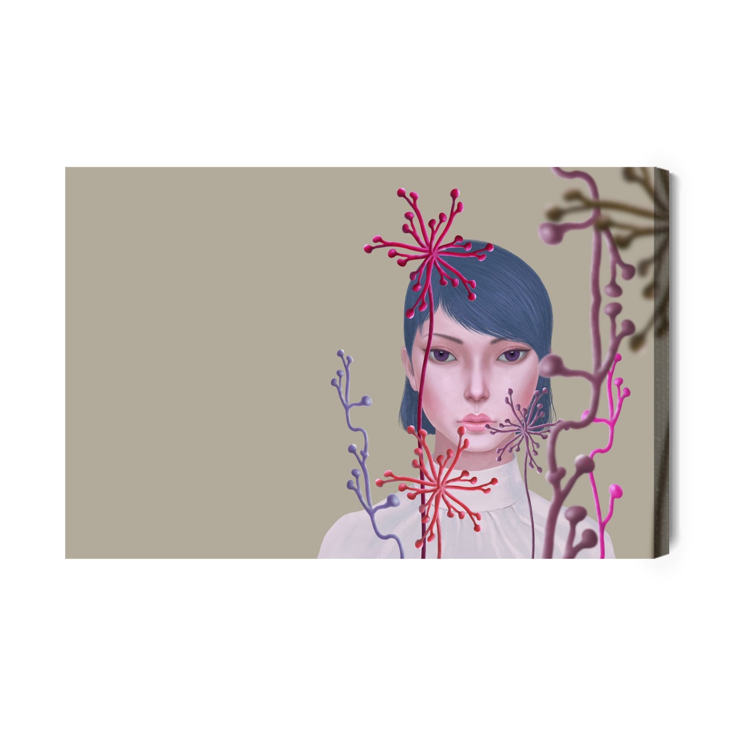 Obraz Na Płótnie Woman And Flower . Concept Idea Art Of Surreal Garden, Mystery And Dream. Conceptual 3D . Human And Nature. Portrait Painting. Girl Face