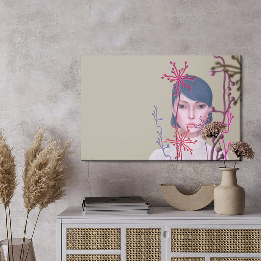 Obraz Na Płótnie Woman And Flower . Concept Idea Art Of Surreal Garden, Mystery And Dream. Conceptual 3D . Human And Nature. Portrait Painting. Girl Face