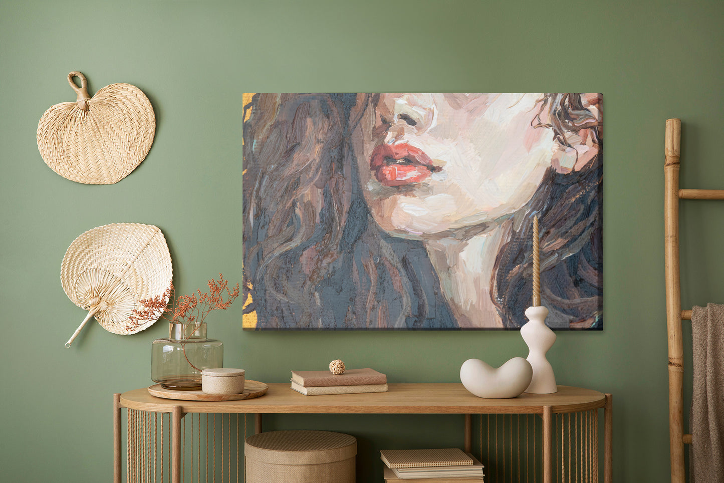 Obraz Na Płótnie Portrait Of A Girl . Portrait Of A Young Beautiful Women With Red Lips. Fragment Of Oil Painting On Canvas.