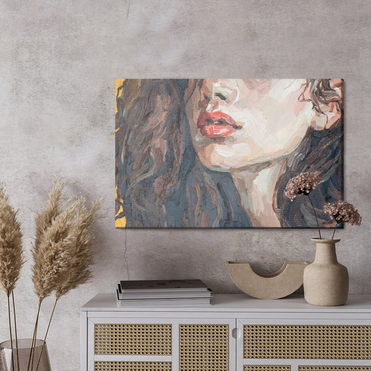 Obraz Na Płótnie Portrait Of A Girl . Portrait Of A Young Beautiful Women With Red Lips. Fragment Of Oil Painting On Canvas.