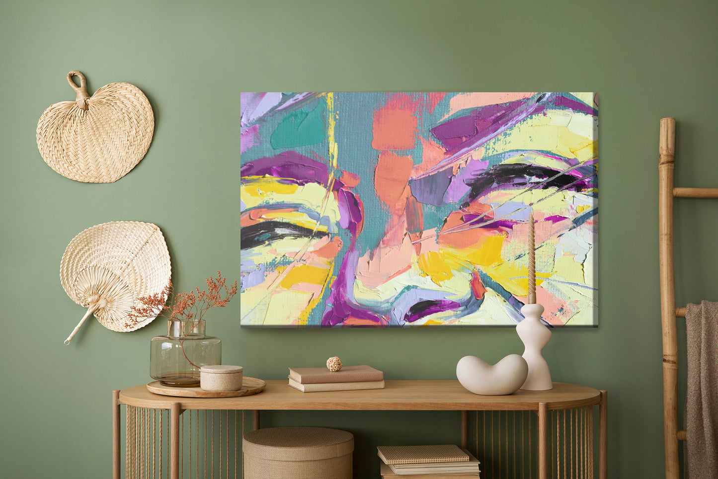 Obraz Na Płótnie Oil Portrait Painting In Multicolored Tones. Abstract Picture Of A Beautiful Girl. Conceptual Closeup Of An Oil Painting And Palette Knife On Canvas.
