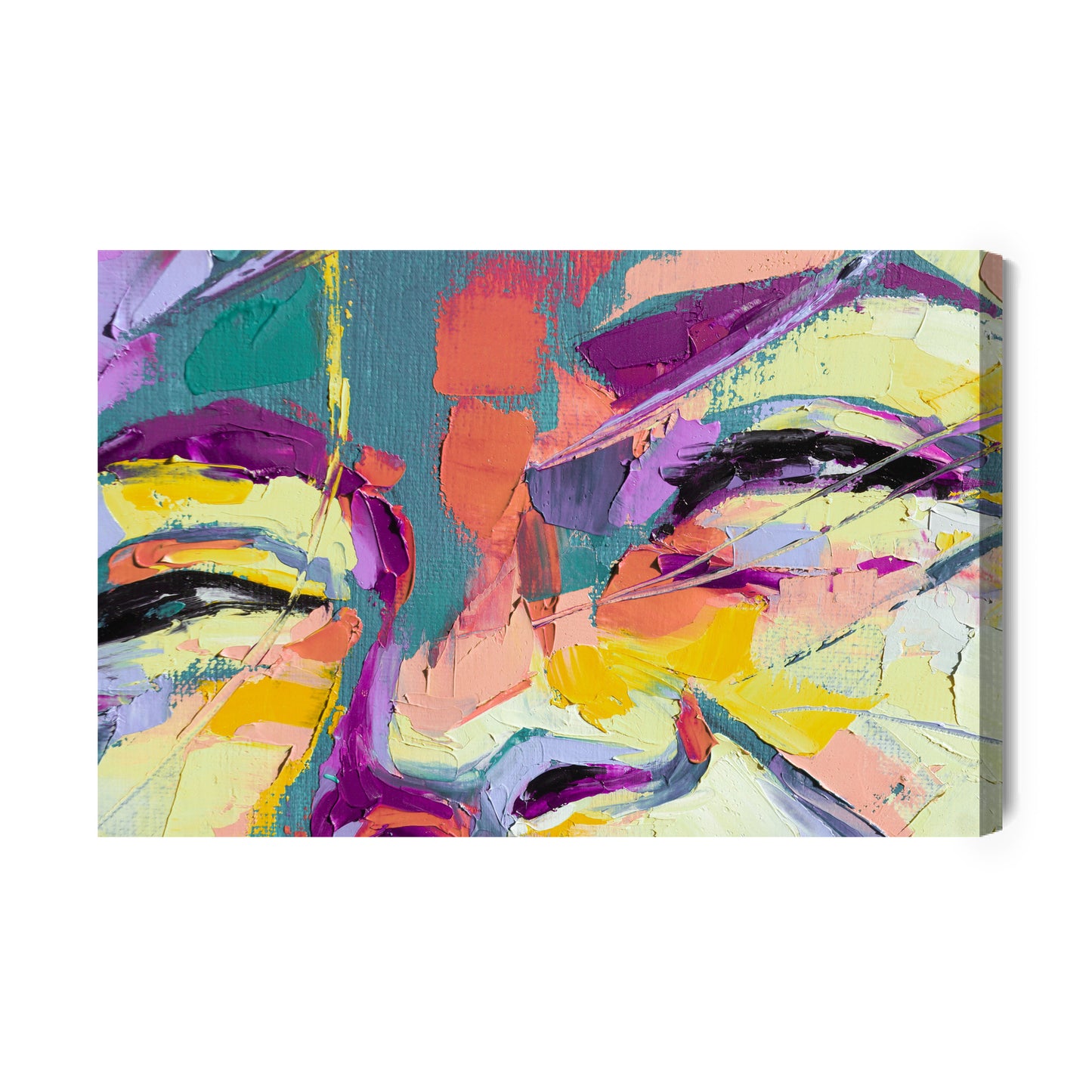 Obraz Na Płótnie Oil Portrait Painting In Multicolored Tones. Abstract Picture Of A Beautiful Girl. Conceptual Closeup Of An Oil Painting And Palette Knife On Canvas.