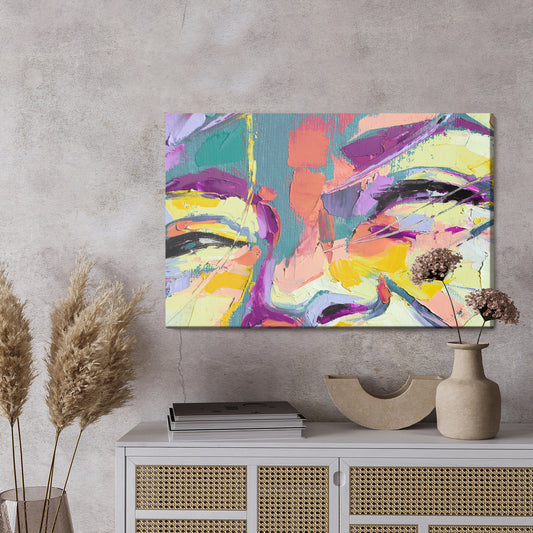 Obraz Na Płótnie Oil Portrait Painting In Multicolored Tones. Abstract Picture Of A Beautiful Girl. Conceptual Closeup Of An Oil Painting And Palette Knife On Canvas.