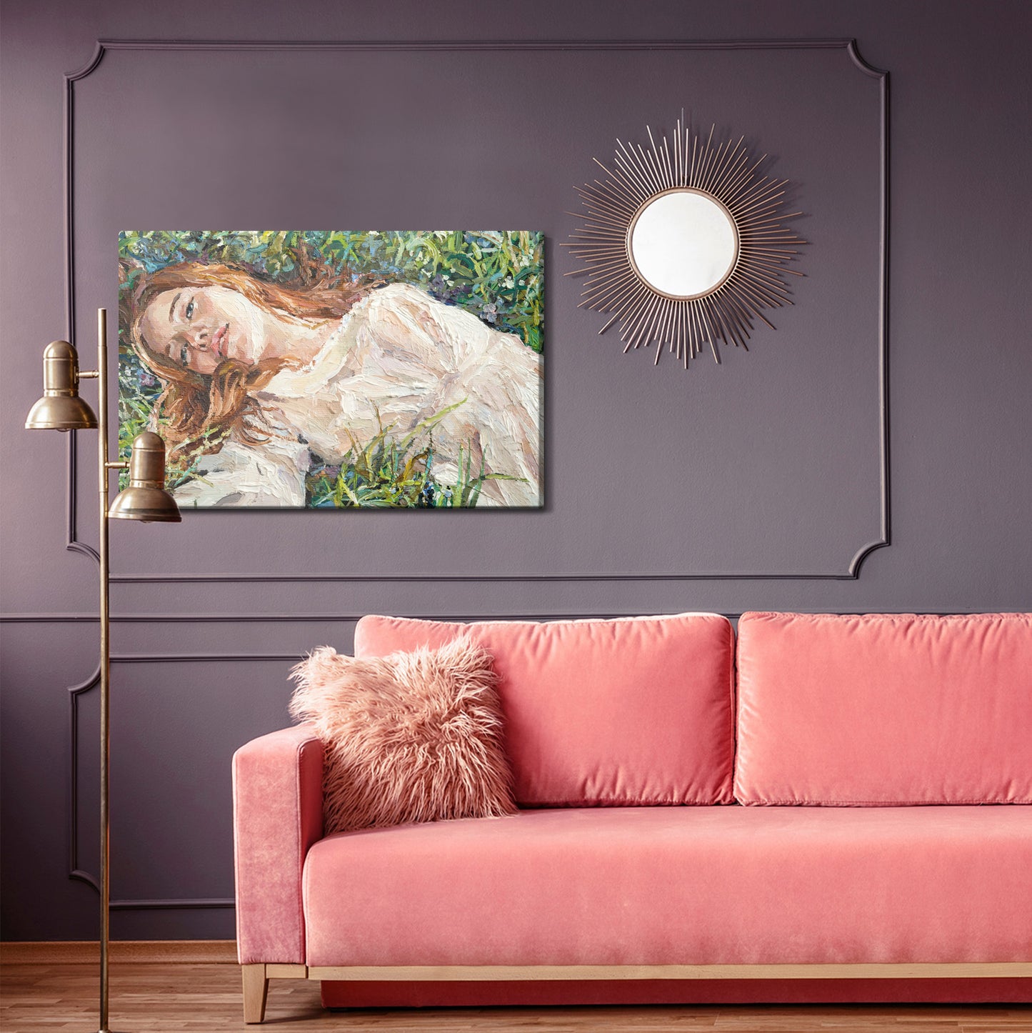 Obraz Na Płótnie .A Red-Haired Beauty, A Young Girl Lies And Dreams On The Field Among Various Summer Grasses And Wildflowers. Oil Painting On Canvas.