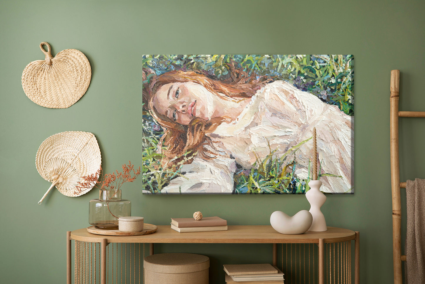 Obraz Na Płótnie .A Red-Haired Beauty, A Young Girl Lies And Dreams On The Field Among Various Summer Grasses And Wildflowers. Oil Painting On Canvas.