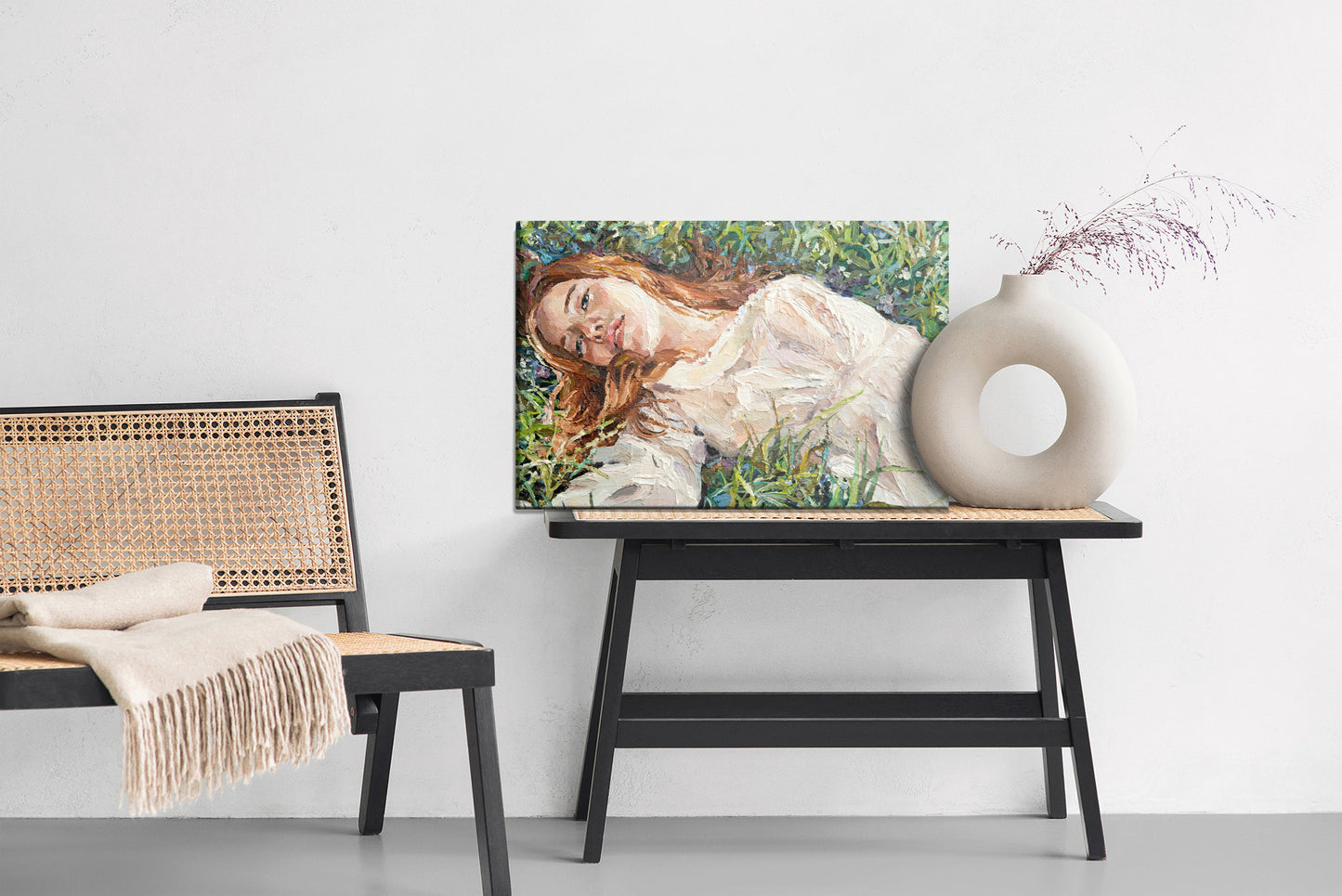 Obraz Na Płótnie .A Red-Haired Beauty, A Young Girl Lies And Dreams On The Field Among Various Summer Grasses And Wildflowers. Oil Painting On Canvas.