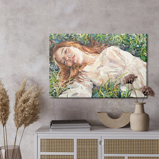 Obraz Na Płótnie .A Red-Haired Beauty, A Young Girl Lies And Dreams On The Field Among Various Summer Grasses And Wildflowers. Oil Painting On Canvas.