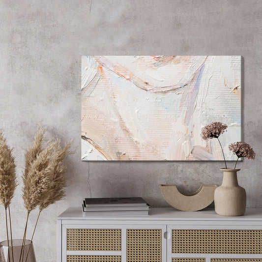 Obraz Na Płótnie Young Girl With Beautiful Mysterious Blue Eyes . Primary Colors: White, Brown, Grey, Pink.