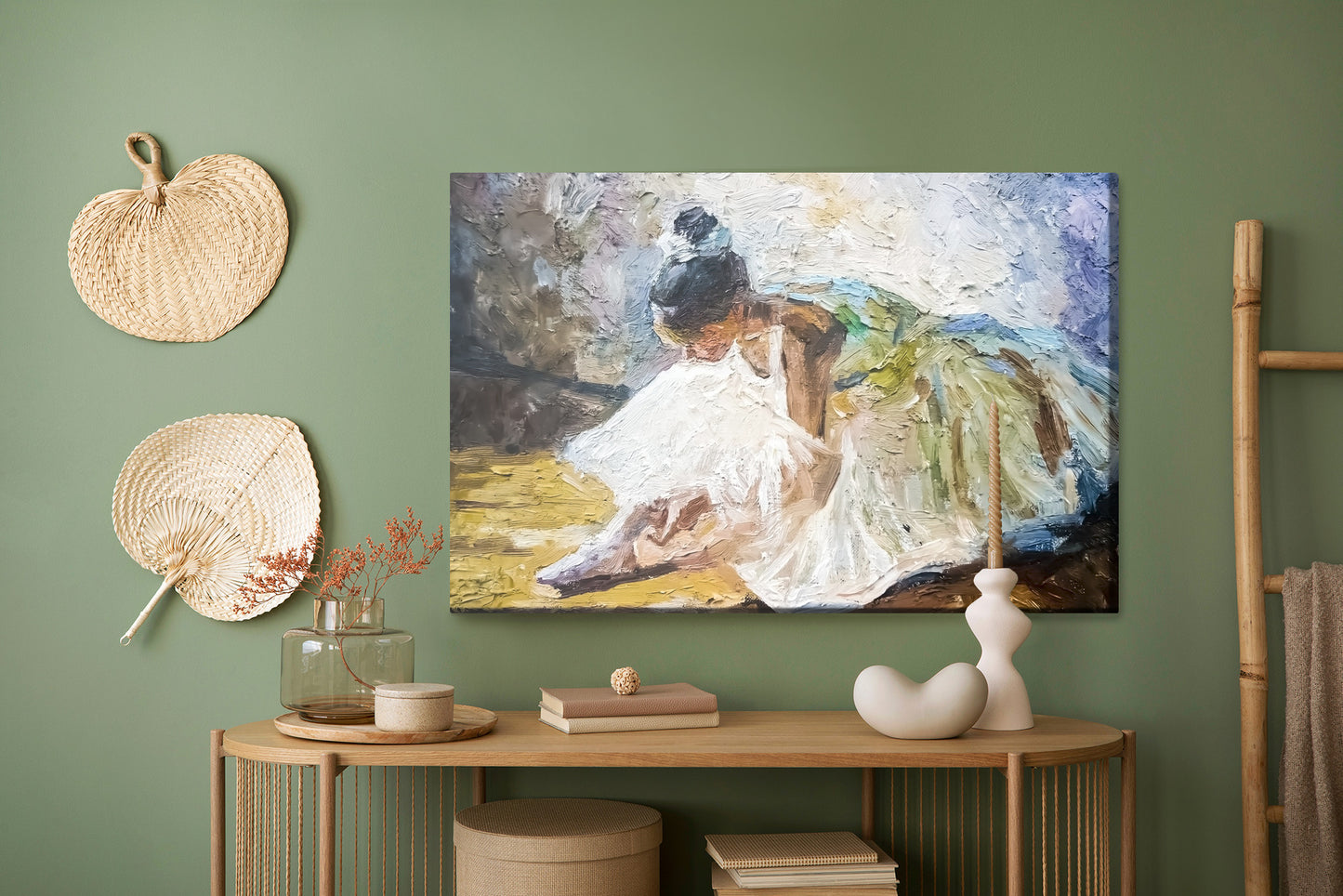 Obraz Na Płótnie Little Girl, Ballerina In A Lush White Ballet Tutu, Tying Pointe Shoes In The Dance Class, Under Bright Daylight. The Background Is Created With Expressive Strokes. Oil Painting On Canvas.