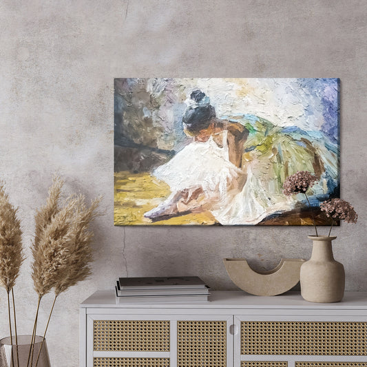 Obraz Na Płótnie Little Girl, Ballerina In A Lush White Ballet Tutu, Tying Pointe Shoes In The Dance Class, Under Bright Daylight. The Background Is Created With Expressive Strokes. Oil Painting On Canvas.