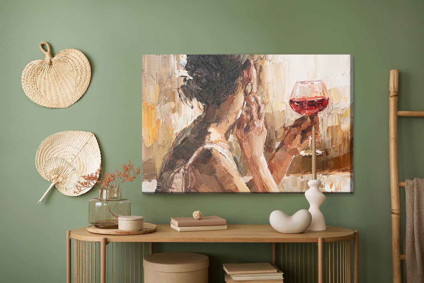 Obraz Na Płótnie Fragment Of Artwork Where Beautiful Attractive Young Woman Holding A Glass Of Wine. Oil Painting On Canvas.