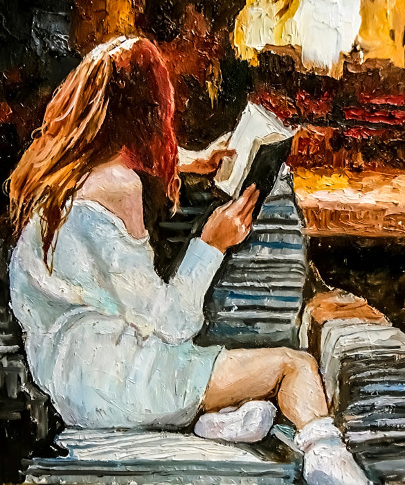 Obraz Na Płótnie Young Girl Comfortably Sits On A Sofa And Reads A Book Near The Fireplace. Oil Painting On Canvas.