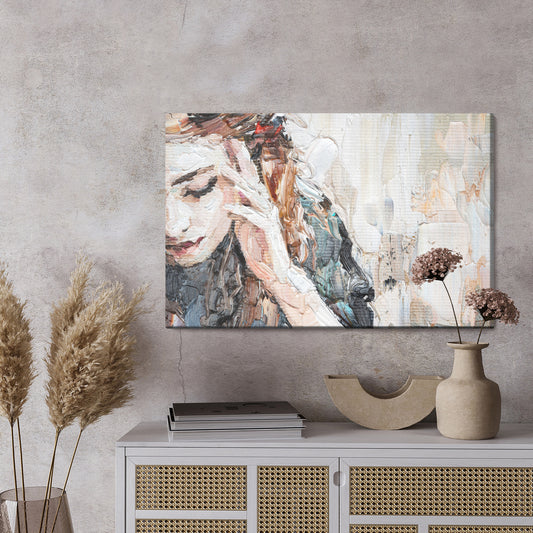 Obraz Na Płótnie Portrait Of A Girl In A Cafe. Fragment Of An Oil Painting. Atractiv Art On Canvas.