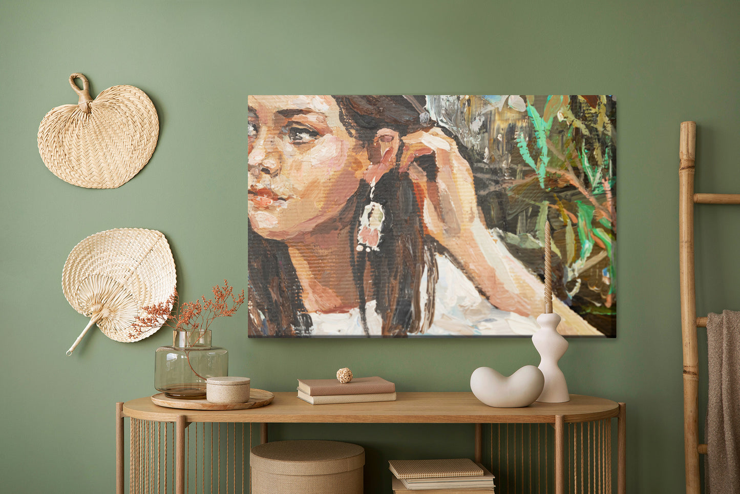 Obraz Na Płótnie A Young Girl Is Sitting In An Ethnic White Dress. The Background Depicts An Autumn Field With Flowers And Herbs. Oil Painting On Canvas.