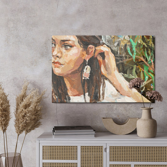 Obraz Na Płótnie A Young Girl Is Sitting In An Ethnic White Dress. The Background Depicts An Autumn Field With Flowers And Herbs. Oil Painting On Canvas.