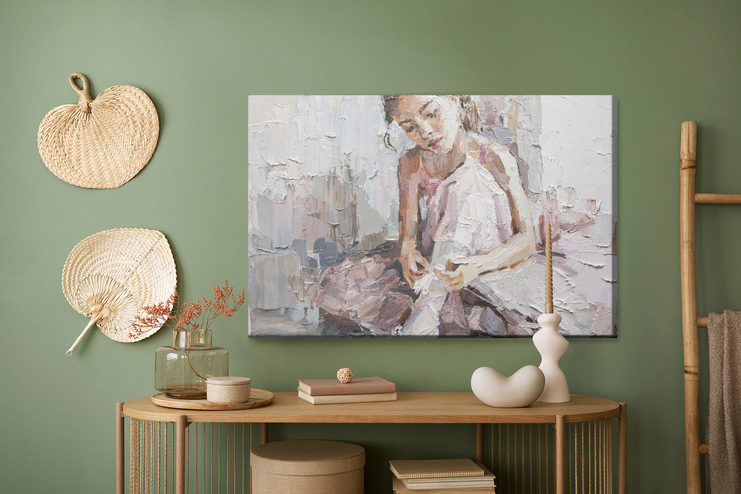Obraz Na Płótnie Little Ballerina With Curly Hair Sits And Fastens Pointe Shoes . Oil Painting, Palette Knife Technique And Brush.