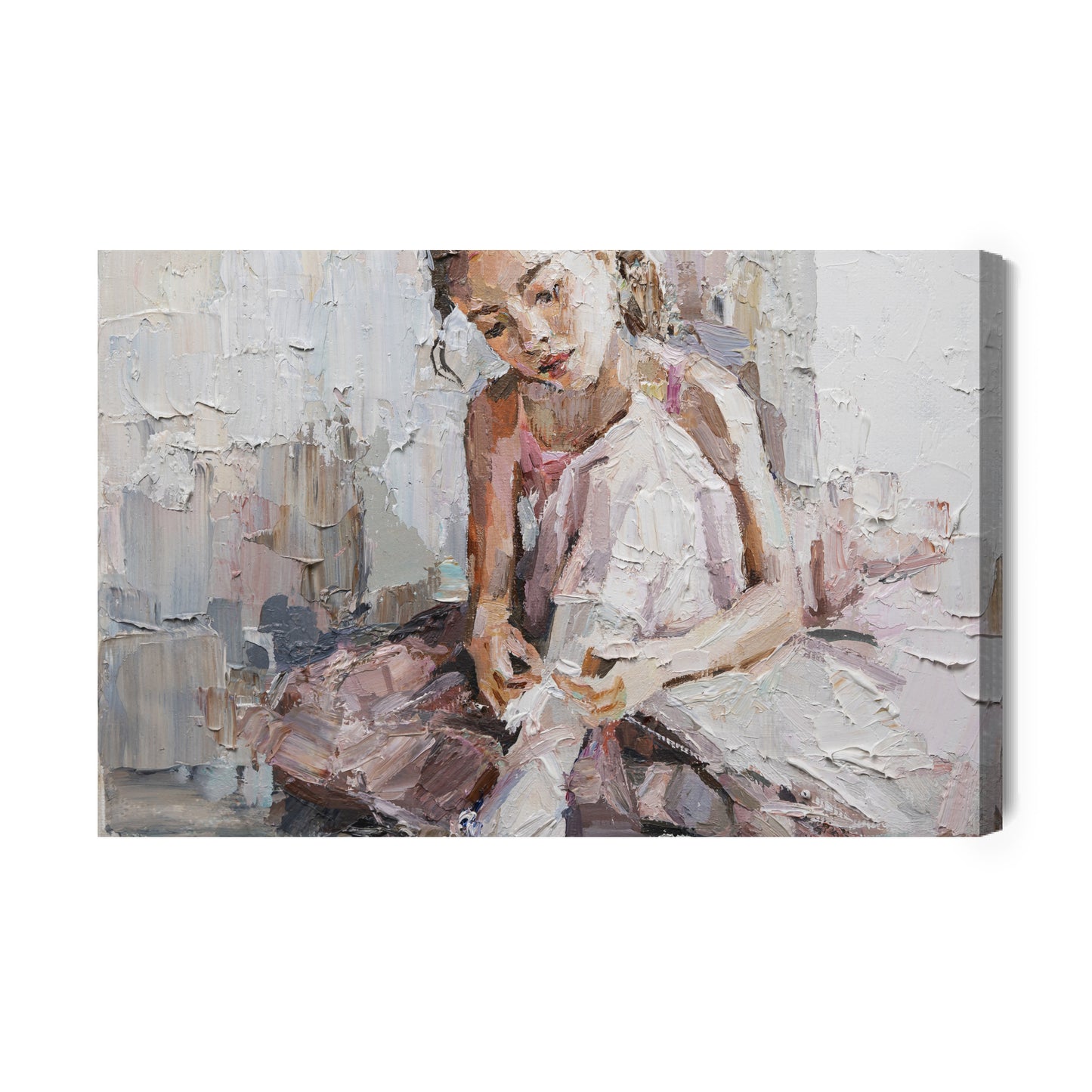 Obraz Na Płótnie Little Ballerina With Curly Hair Sits And Fastens Pointe Shoes . Oil Painting, Palette Knife Technique And Brush.