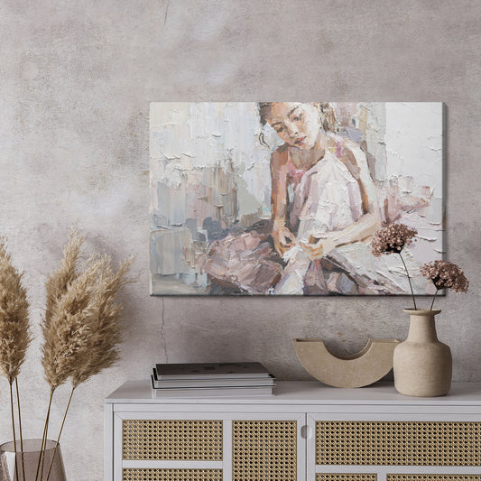 Obraz Na Płótnie Little Ballerina With Curly Hair Sits And Fastens Pointe Shoes . Oil Painting, Palette Knife Technique And Brush.