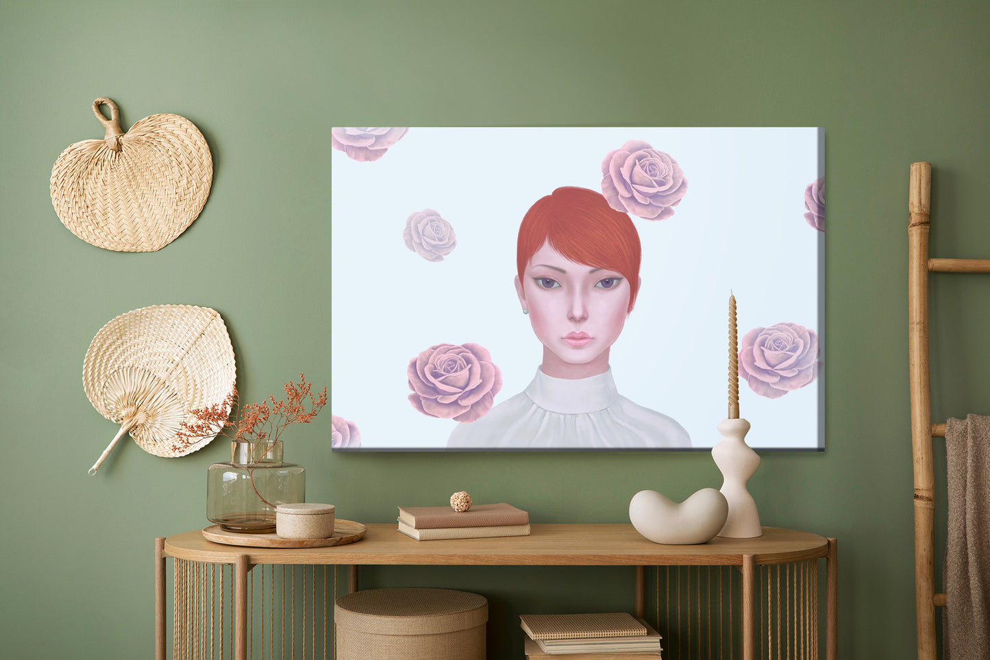Obraz Na Płótnie Woman And Rose Flowers. Concept Idea Art Of Surreal, Mystery And Love. Conceptual 3D . Human And Nature. Portrait Painting.