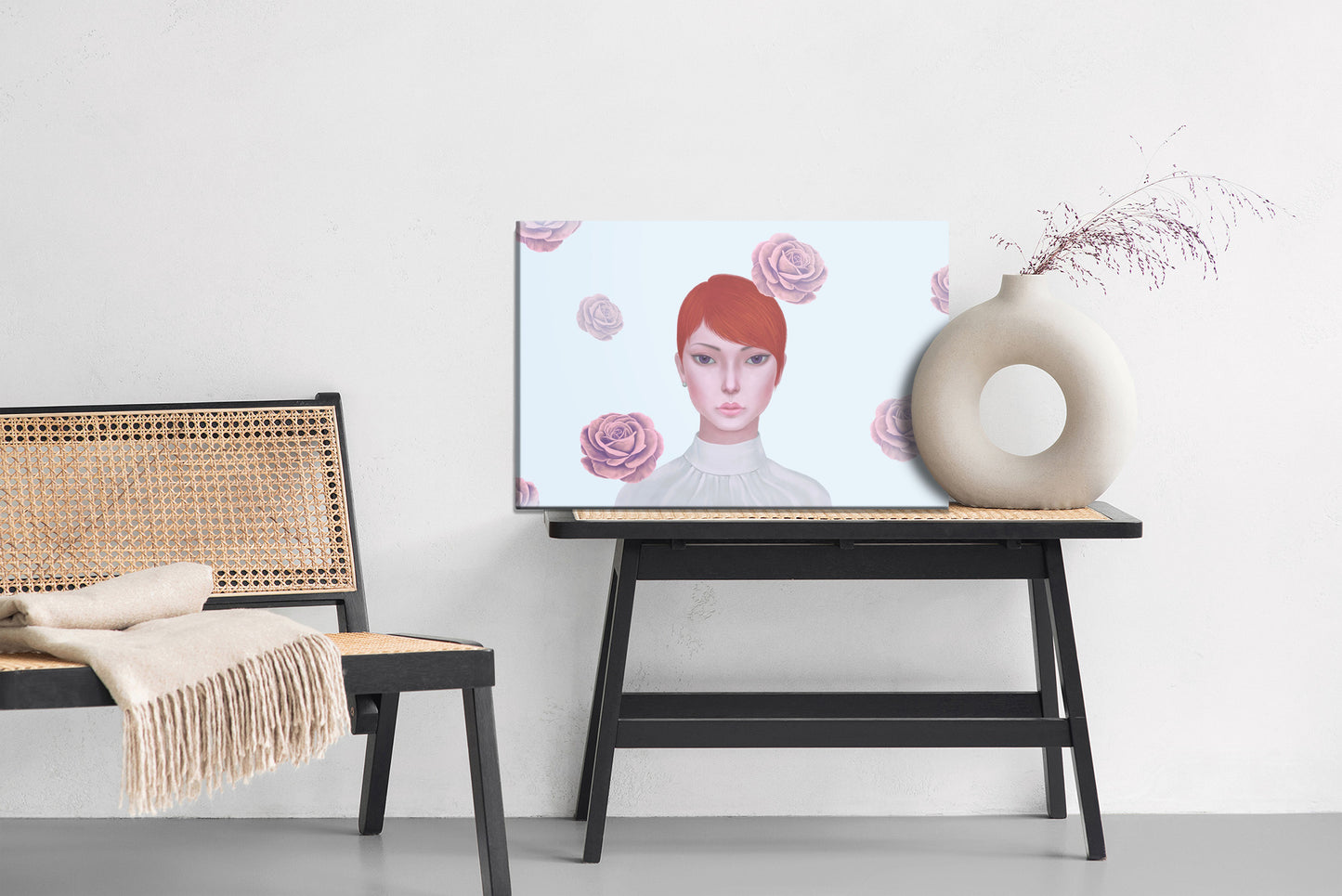 Obraz Na Płótnie Woman And Rose Flowers. Concept Idea Art Of Surreal, Mystery And Love. Conceptual 3D . Human And Nature. Portrait Painting.