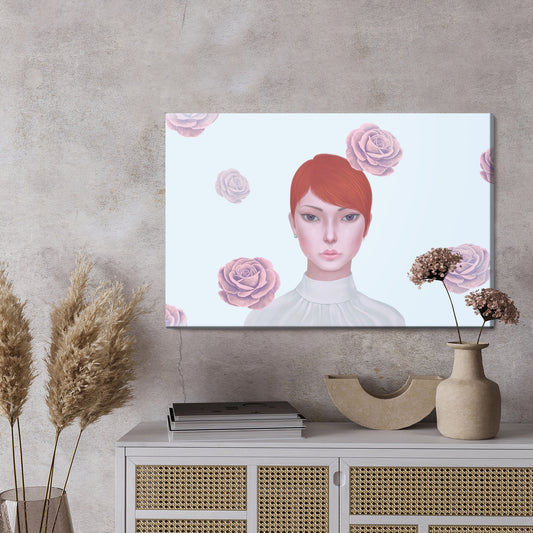 Obraz Na Płótnie Woman And Rose Flowers. Concept Idea Art Of Surreal, Mystery And Love. Conceptual 3D . Human And Nature. Portrait Painting.