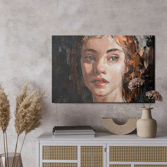 Obraz Na Płótnie Portrait Of A Young, Dreamy Girl With Curly Brown Hair . Palette Knife Technique Of Oil Painting And Brush.