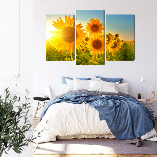Obraz Wieloczęściowy Pole Słoneczników O Zachodzie Słońca 3D