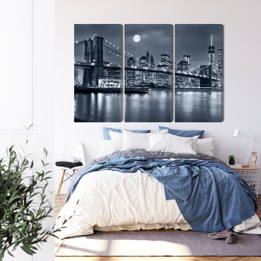 Obraz Wieloczęściowy Nocna Panorama Nowego Jorku Z Księżycem Na Niebie