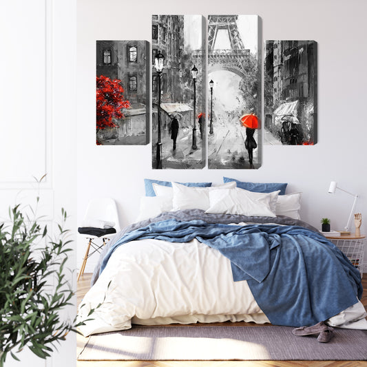 Obraz Wieloczęściowy Ludzie Z Czerwonymi Parasolami Na Ulicy Paryża