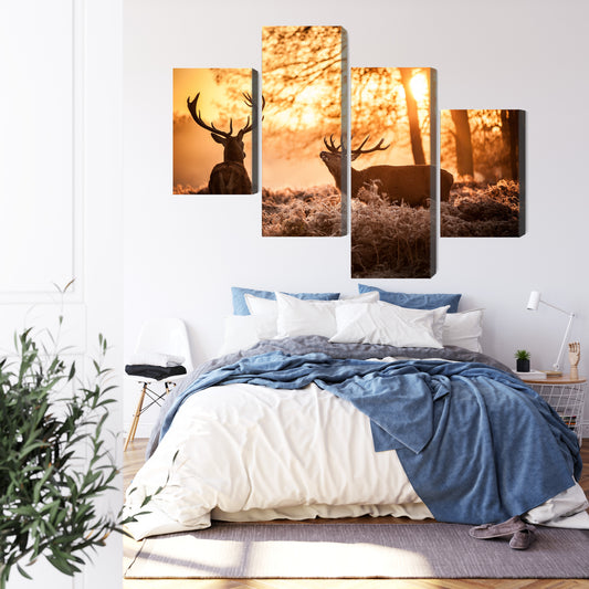 Obraz Wieloczęściowy Dwa Jelenie W Lesie O Zachodzie Słońca 3D