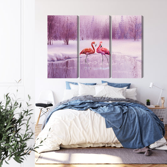 Obraz Wieloczęściowy Flamingi Na Tle Fioletowego Krajobrazu