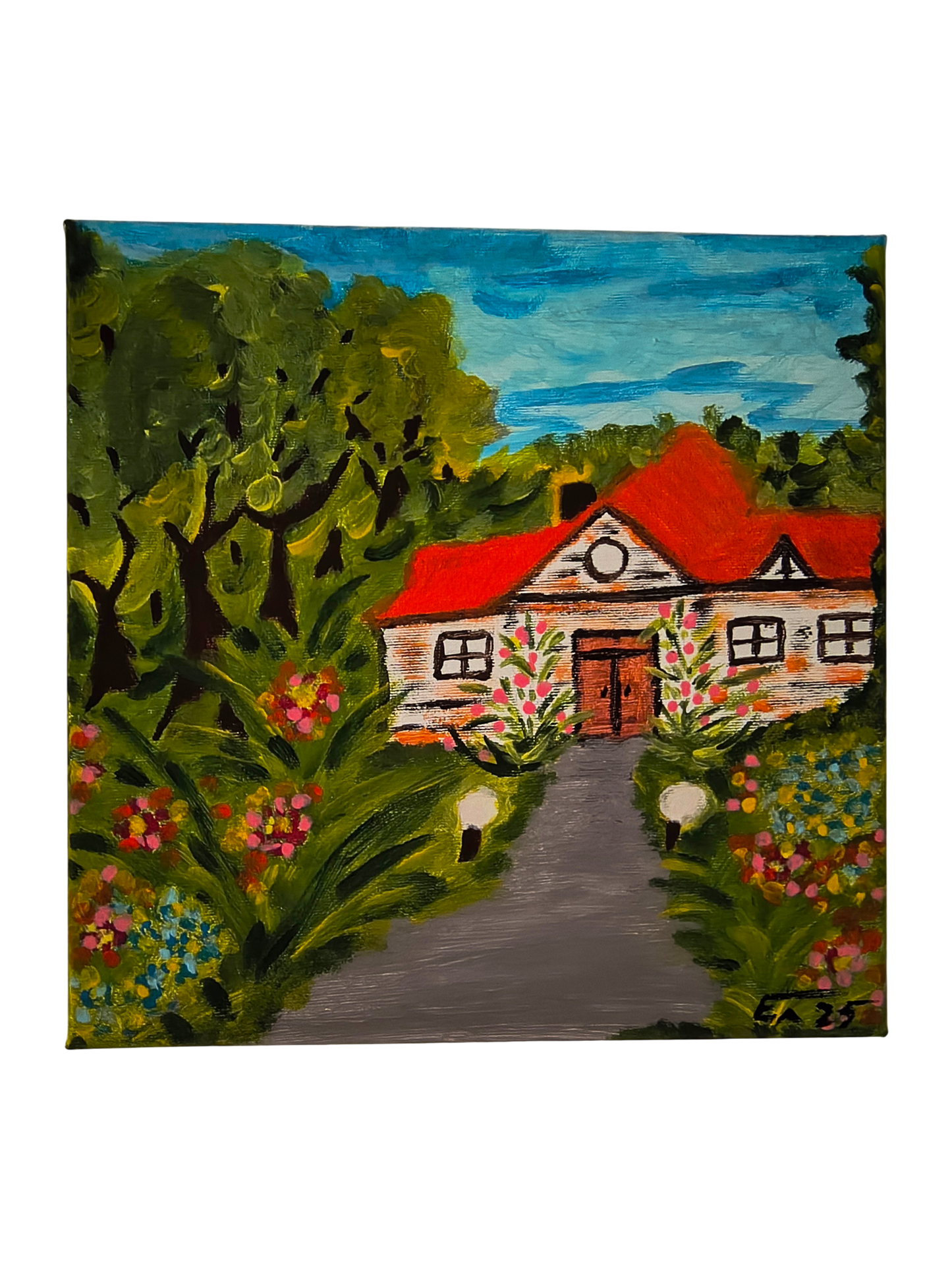 Dom w Ogrodzie – Ręcznie Malowany Pejzaż Akrylowy