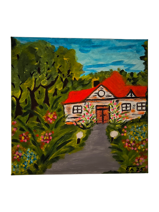 Dom w Ogrodzie – Ręcznie Malowany Pejzaż Akrylowy