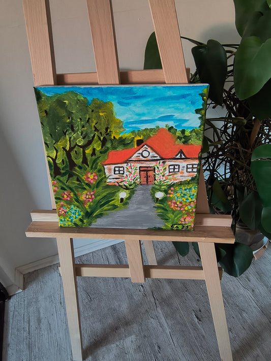 Dom w Ogrodzie – Ręcznie Malowany Pejzaż Akrylowy