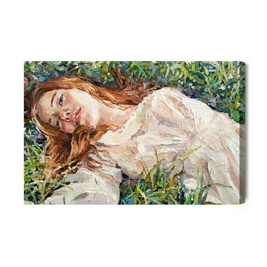 Obraz Na Płótnie .A Red-Haired Beauty, A Young Girl Lies And Dreams On The Field Among Various Summer Grasses And Wildflowers. Oil Painting On Canvas.