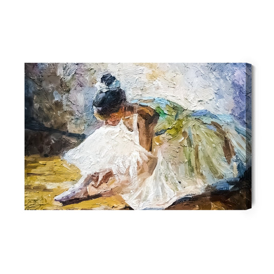 Obraz Na Płótnie Little Girl, Ballerina In A Lush White Ballet Tutu, Tying Pointe Shoes In The Dance Class, Under Bright Daylight. The Background Is Created With Expressive Strokes. Oil Painting On Canvas.