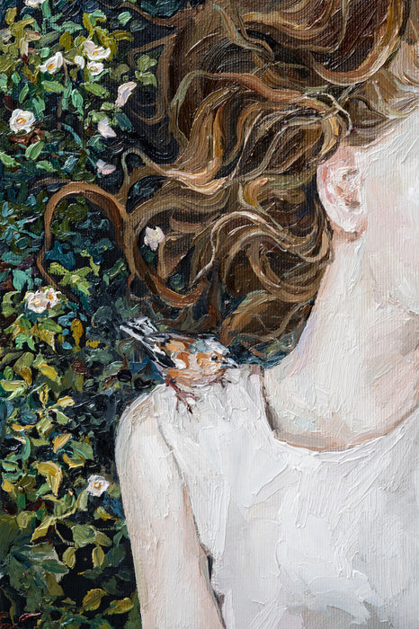 Obraz Na Płótnie The Girl Lies In The Grass. A Bird Sits On The Woman&#039;s Shoulder. Oil Painting On Canvas. Contemporary Art.
