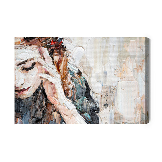 Obraz Na Płótnie Portrait Of A Girl In A Cafe. Fragment Of An Oil Painting. Atractiv Art On Canvas.
