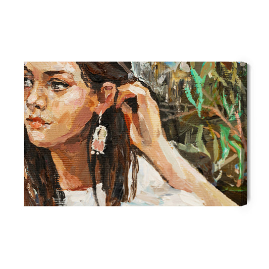 Obraz Na Płótnie A Young Girl Is Sitting In An Ethnic White Dress. The Background Depicts An Autumn Field With Flowers And Herbs. Oil Painting On Canvas.