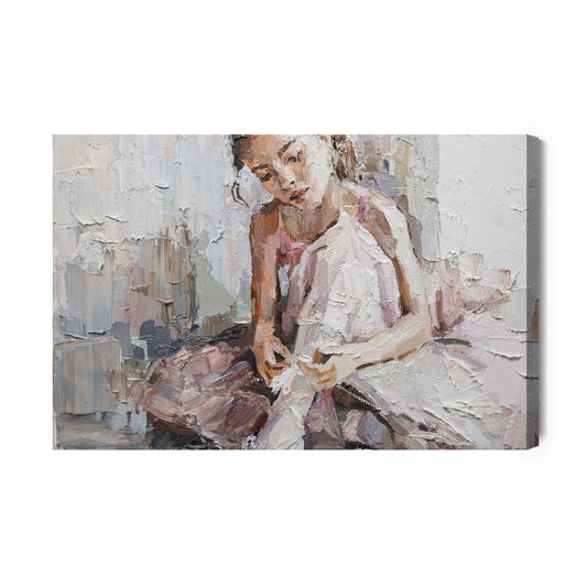 Obraz Na Płótnie Little Ballerina With Curly Hair Sits And Fastens Pointe Shoes . Oil Painting, Palette Knife Technique And Brush.