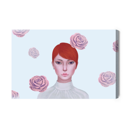 Obraz Na Płótnie Woman And Rose Flowers. Concept Idea Art Of Surreal, Mystery And Love. Conceptual 3D . Human And Nature. Portrait Painting.